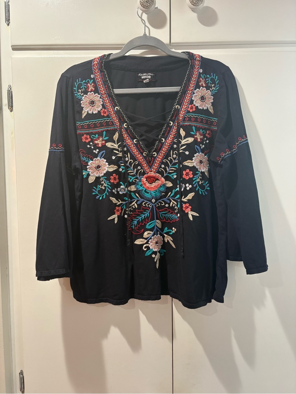 Johnny Was Black V-Neck Tunic with Multicolor Floral Embroidery